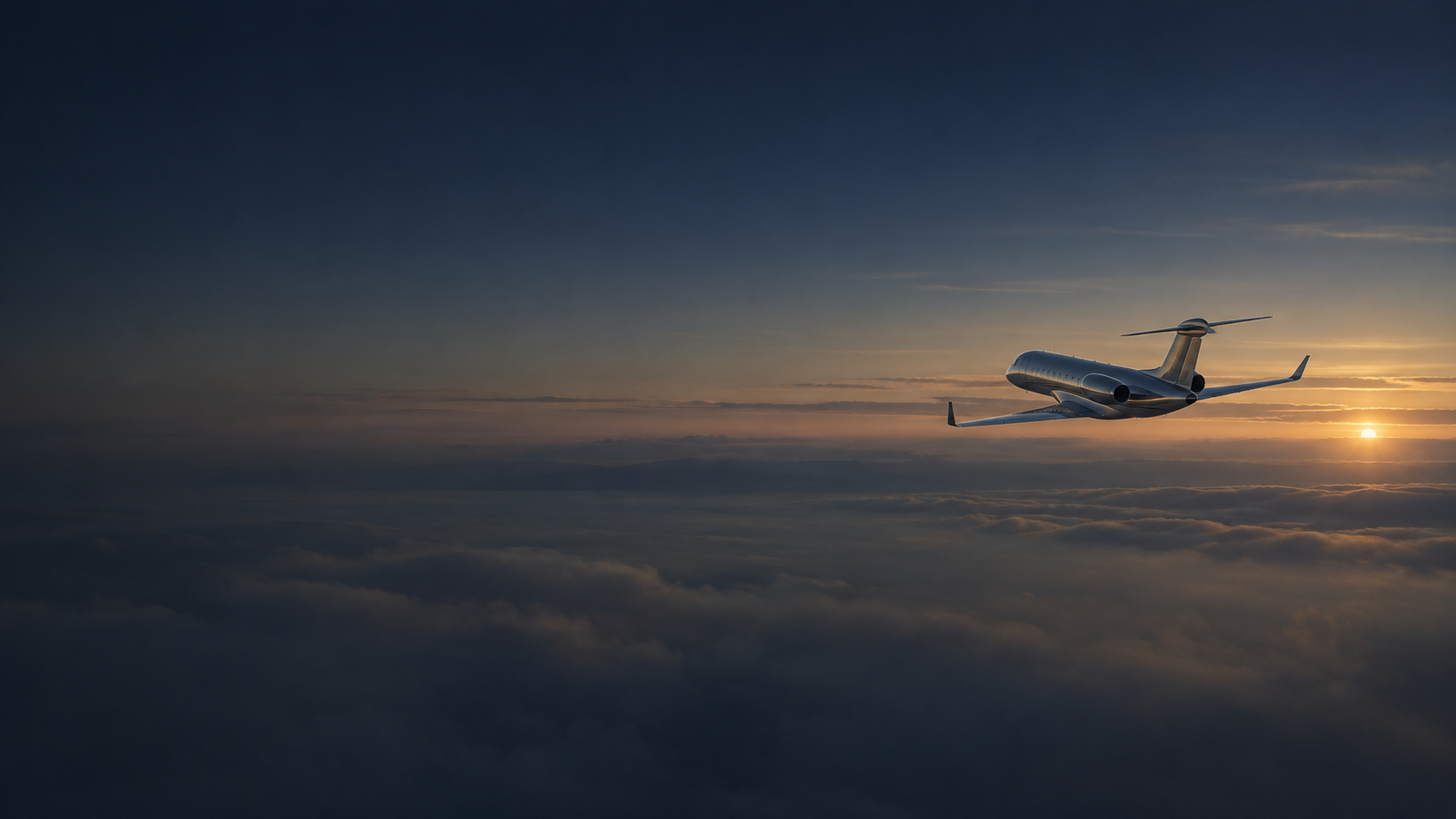 A private jet climbing away over a sea of clouds as dusk deepens into night, the sun low on the horizon.