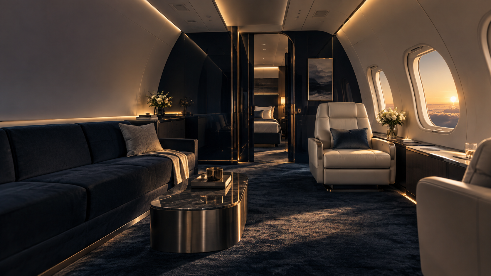 A quiet private jet cabin at sunset, navy sofa and cream armchair, the low sun glowing through an oval window.