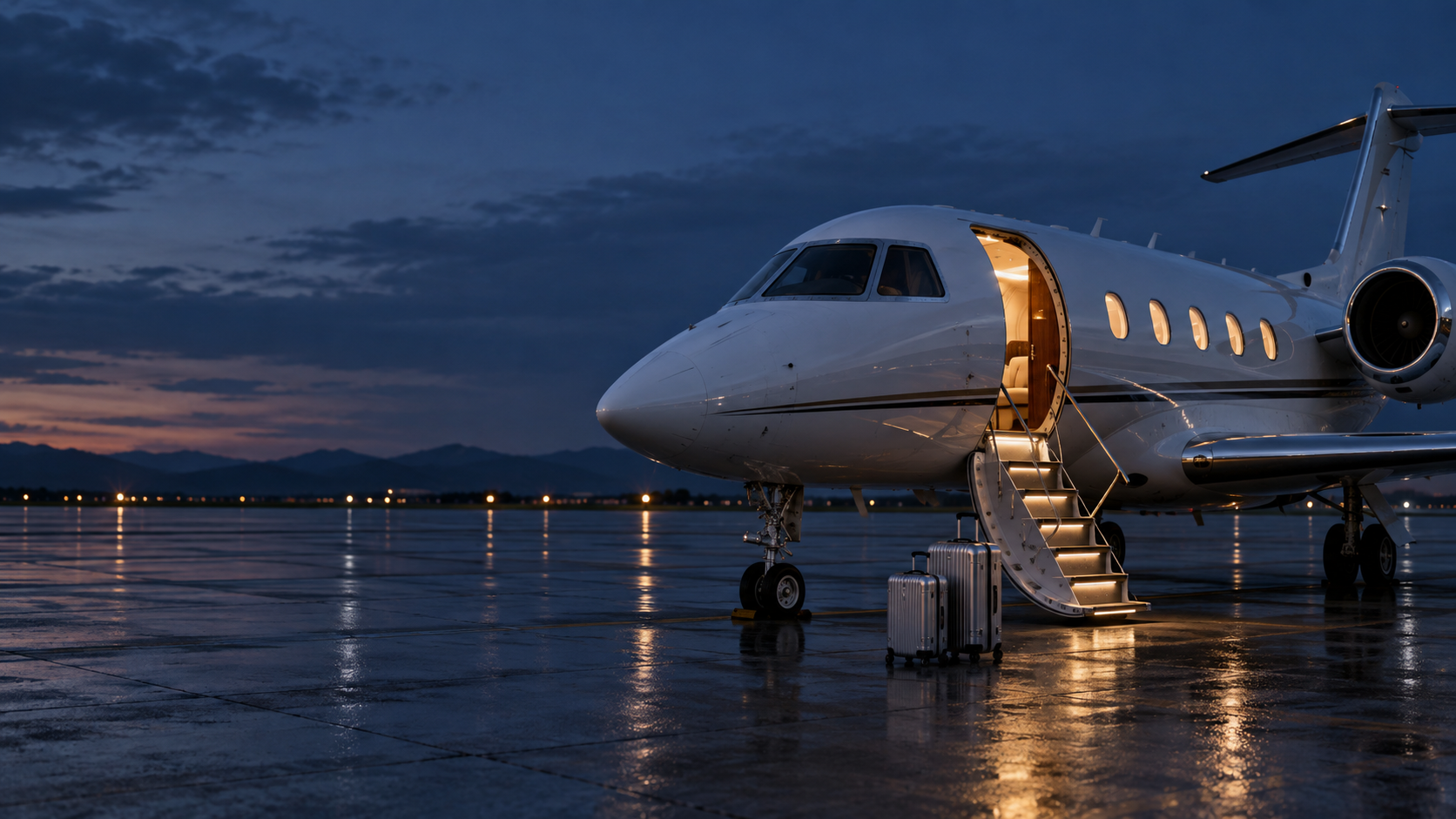A white private jet on a wet apron at dusk, its cabin door open and steps lit, luggage waiting at the foot of the stairs.