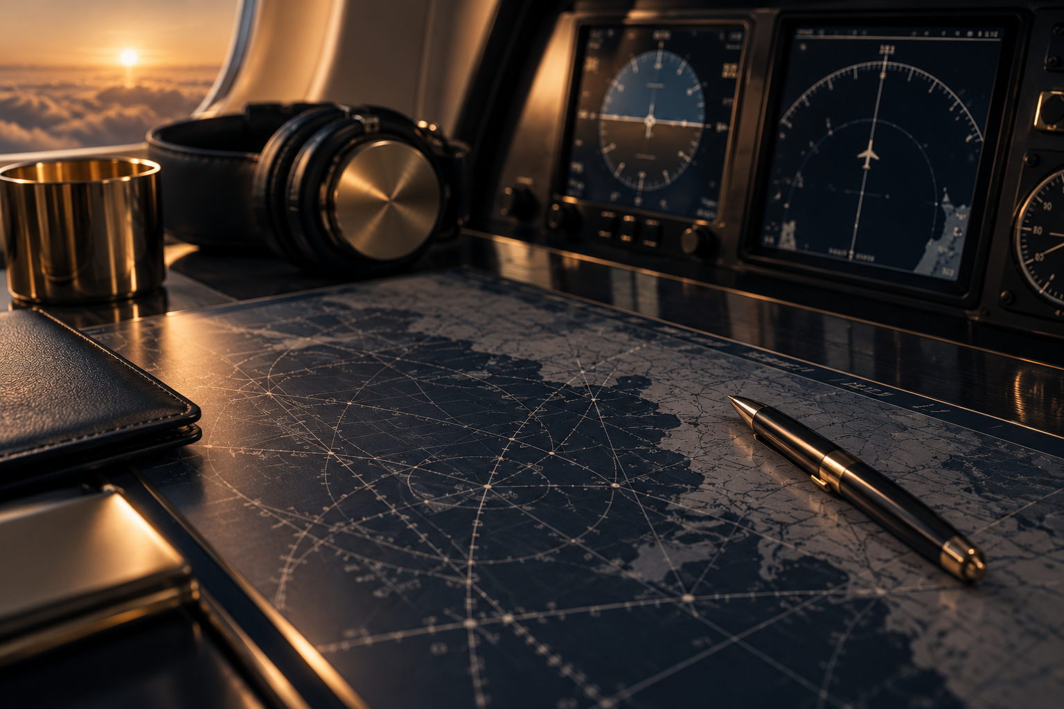 A navigation chart on a cabin table beside a brass pen, with flight instruments glowing behind.