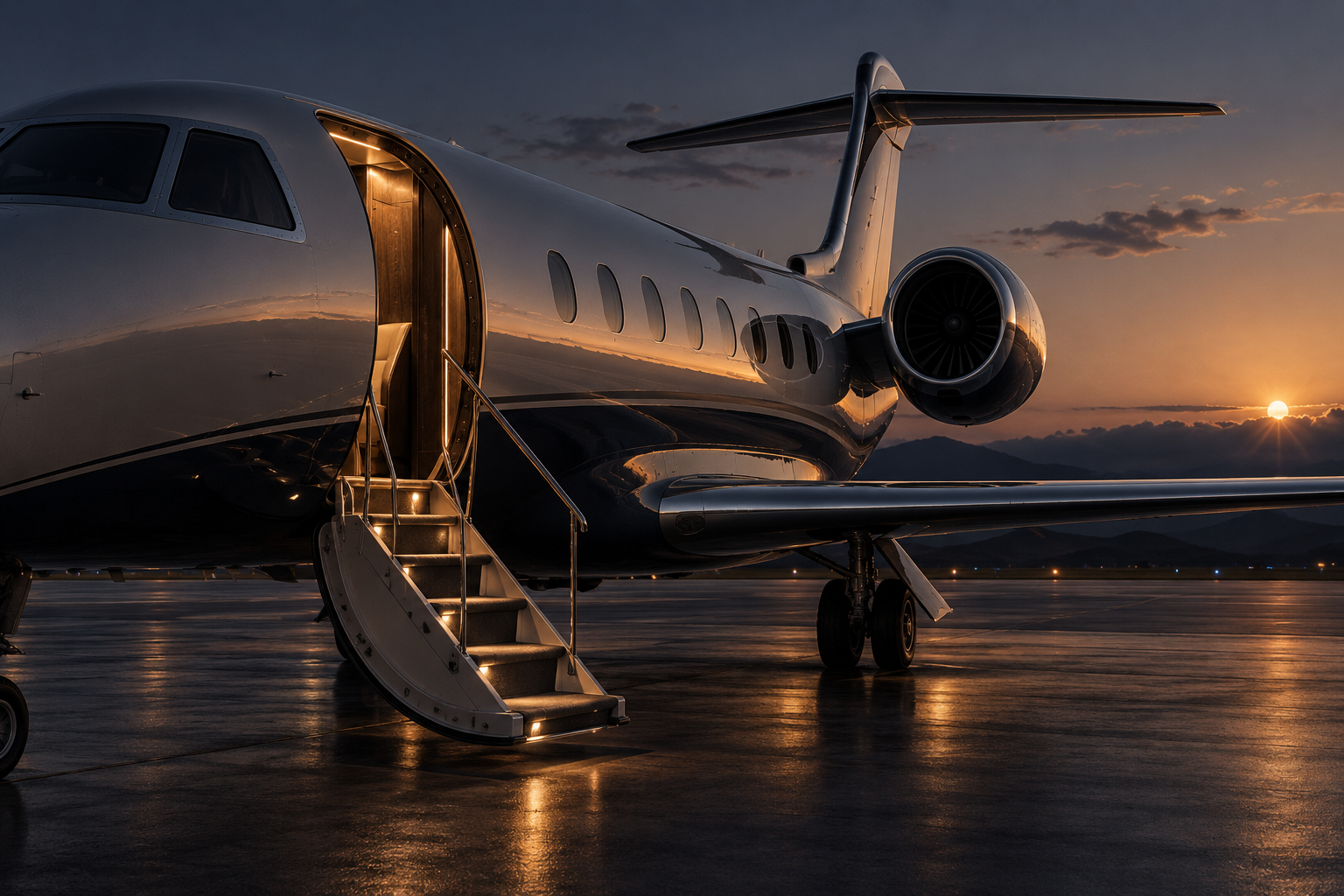 The jet's open door and lit steps in close view, the sun setting behind distant hills.